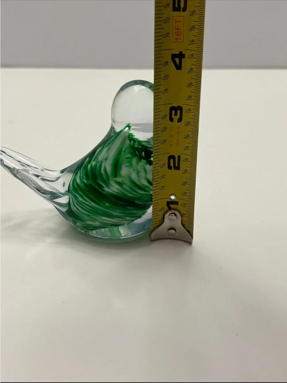 vintage handblown art glass bird figurine clear head and tail and marble green